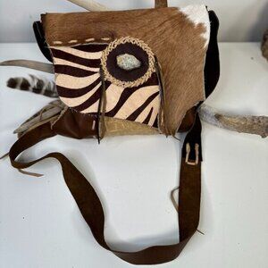 FPP Handmade Boho Leather Patchwork Crossbody Bag with Stone Accent & Fringe